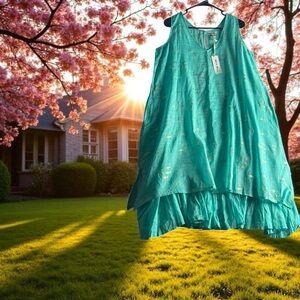 White wave cottage core Elegant Teal Midi sleeveless lining ruffles Dress Sz M/L